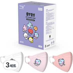 어린숨엣지 라인프렌즈 BT21 아트심볼 새부리형 컬러마스크 소형 MANG 미니니 3종 x 10p 세트, 30개입, 3세트, 화이트, 라이트핑크, 코랄핑크