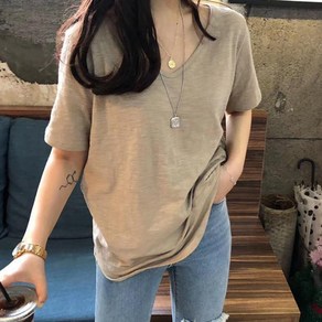 구디프 여성용 통기성 코튼 반팔 브이넥 티셔츠