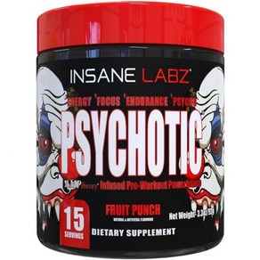 Insane Labz Psychotic High Stimulant Pe Wokout Powde Exteme Lasting Enegy Focus and Enduance w, Fuit Punch, 15 Sevings (Pack of 1), 1개