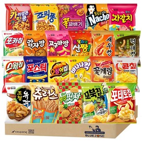 [블루존] 정량 인기스낵 22종 (새우깡+감깡+고깡+자갈치+포스틱+오집+바나킥+나초+포카칩+스윙칩+꼬북칩+꽃게랑+콘칲+신짱+죠리퐁+카땅+꿀꽈+조청유과+먹태깡+츄러스+포테토+벌집), 22개, 90g