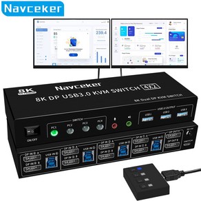 Navceker 듀얼 모니터 DP KVM 스위치 4K 120Hz 4x2 USB 3.0 HDMI KVM 스위치 4 인 2 아웃 8K 60Hz 혼합 디스플레이 2 모니터 4 컴