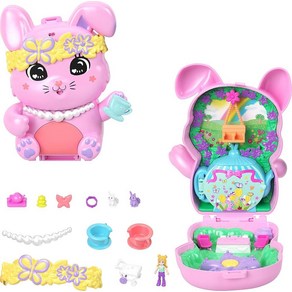 Polly Pocket 인형 및 놀이 세트 티 파티 버니 컴팩트 여행용 장난감 마이크로 인형 1개 애완동물 토끼 음식 및 패션 스타일링 액세서리 134915, Polly Pocket 인형 및 놀이 세트, 티 파티