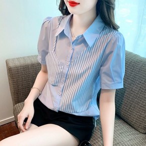 해피유통 여성 스트라이프 배색 반팔 셔츠형 티셔츠 여름 통근룩 데일리 상의bhf