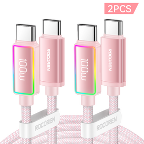 Rocoen LED PD 100W c to c 유형 초고속 충전 케이블 USB C 100W 알루미늄 합금 조명 디스플레이 케이블 데이터 전송, 2개, Pink, 1000mm