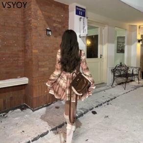 vsyoy 가을과 겨울 핑크 격자 무늬 셔츠 칼라 가짜 투피스 모직 코트 새 원피스