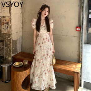 vsyoy 프랑스 스타일 차 브레이크 고급 거품 소매 꽃 원피스 여성 부드러운 스타일 슈퍼 페어리 슬리밍 디자인 중간 길이 스커트