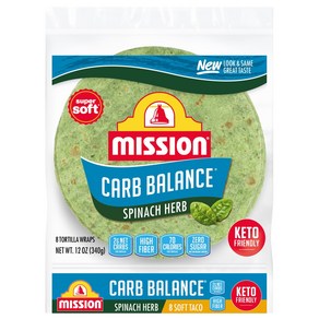 Mission Cab Balance Spinach Heb Totilla Waps 미션 탄수화물 밸런스 시금치 허브 토르티야 랩 8개 저탄수화물 케토 고섬유질 무, 1개, 147.42g