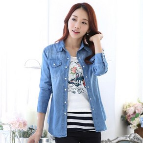 여성용 데일리 워싱 기본 셔츠 카라넥 긴팔 데님 청남방 루즈핏 셔츠 HNZ1149