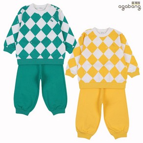 아가방 중계점 루크 데이 맨투맨 상하 2Colo (GREEN YELLOW) *25년 SPRING신상* 캐주얼한 체크 패턴 어깨 트임 디자인 상의+활동하기 편한 팬츠 상하복 세트