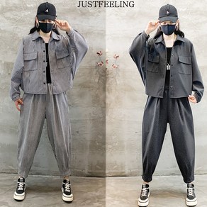 JUSTFEELING 여성용 긴팔 셔츠넥 단추 봄가을 포켓 바람막이 자켓 루즈핏 배기 롱바지 세미 투피스