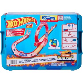 Hot Wheels 장난감 자동차 트랙 세트 빌더 플레이세트 불꽃 스턴트 팩 16개의 부품 및 1:64 스케일 차량 모듈식 보관 용기 포함