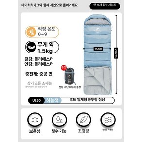 네이처하이크 겨울용 두꺼운 침낭 겨울침낭 캠핑침낭 동계침낭 다운침낭 두꺼운침낭 경량침낭, 홀로우 코튼 스카이블루, 1개