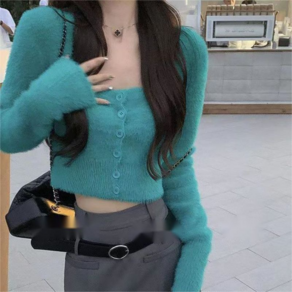 아루룽 여성 앙고라 슬림 가디건 긴팔 스쿼어넥 단추