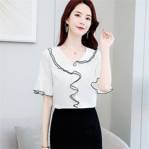 besteffie 여성용 여름 시폰 블라우스 배색 V넥 러플 장식 반팔 오피스룩 루즈핏 K72