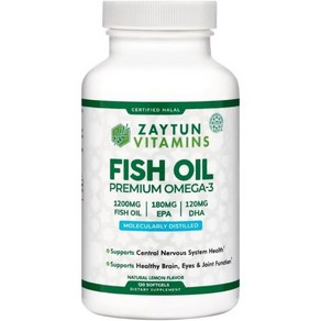 Zaytun Vitamins 자이툰 할랄 피쉬 오일 1200mg 오메가 3 프리미엄 EPA/DHA 1일 1회 아픔감소 비타민 비타민 건강 지원 - 4개월 공급 레몬 향, 1, 1개