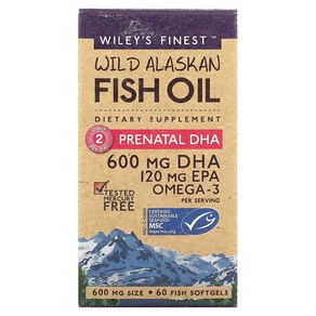 Wiley's Finest 와일드 알래스카 피쉬 오일 산전 DHA 600mg 60 피쉬 소프트젤, 60정, 1개