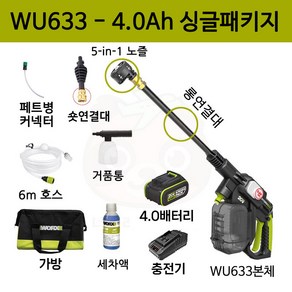 WORX 웍스 WU633 무선 고압 리튬 세차기 20V 하이드로샷 분사 세차건 세척기