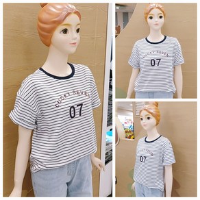 [소이주니어]논현점 24년여름신상 ** 시원한소재 톡톡합니다 ** 팔길이 5부 레터링 스트라이프 티 ** 마네킹 키 155 155 11호 착용 **