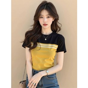 미중 여성 여름 뉴 라운드넥 예쁜 독특한 슬림핏 배색 날씬 반팔 Xcy