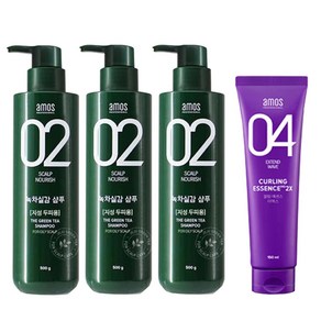 아모스 녹차실감 지성 탈모 샴푸 500ml 3개 + 스타일 컬링 에센스 2x 150ml 세트