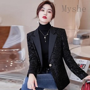 [Myshe]여성 모던 스팽글 반짝이 자켓 공연 무대 의상 Shefei917XF1, 살구, 2XL