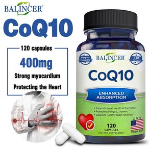 CoQ10(최대 강도 400mg 120캡슐) - 흡수율이 높은 비건 CoQ10 - 유비퀴논 보충제 추가 항산화제 심장 건강 및 기능 에너지 지구력을 지원하는 비타민, 60캡슐, 1개, 60정