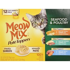 Meow Mix Pate Toppes 해산물 가금류 버라이어티 팩 고양이 사료 트레이 2.75온스 12강아지입, 1개