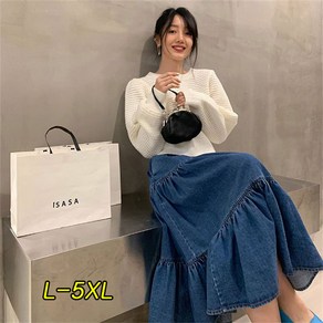 빅사이즈L-5XL 여성 데님 롱스커트 밴딩 하이웨스트 플레어 캉캉 스커트 데일리 롱 청치마 청스커트