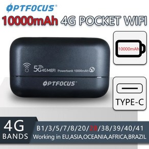 OPTFOCUS SIM 카드 슬롯이 있는 휴대용 와이파이 모뎀 라우터 MIFI 포켓 와이파이 핫스팟 C타입 4G LTE 10000mAh 배터리, CHINA_Non-Sceen 10000mAh, 1개, 1)NonSceen 10000mAh