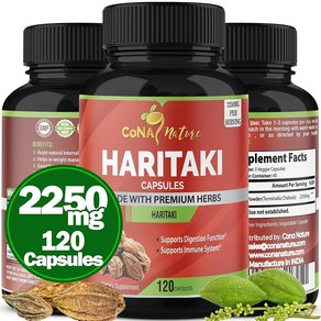 Cona Natue Oganic India Haitaki 캡슐 2250MG 재생 소화 개선 규칙성 유지  GMO 프리 비건 글루텐 허브 및 보충제 120캡슐 18, 1개