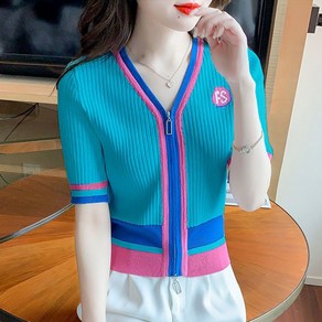 ROYALBELLE 여성 배색 브이넥 니트 가디건 쇼트핏 슬림핏 투웨이 집업 반팔 티셔츠 V041025