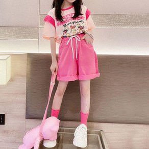 델루비오 여아 오버핏 캐릭터 반팔티+반바지 상하의 활동복세트