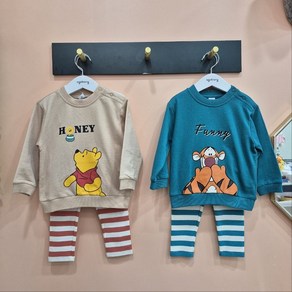 아가방 NC엑스코점 디즈니베이비 40%강추! 데일리로 편하게 입기 좋은! 심플한 디자인에 귀여운 캐릭터 허니푸(베이지) 퍼니티거(그린) 라운지상하! 외출복! 등원복