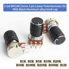 5 개/몫 WH148 15mm 샤프트 앰프 로터리 포텐쇼미터 가변 저항 블랙 노브 키트 B10K 1K 2K 5K 20K 50K 100K 250K 500K, 100 천개 옴