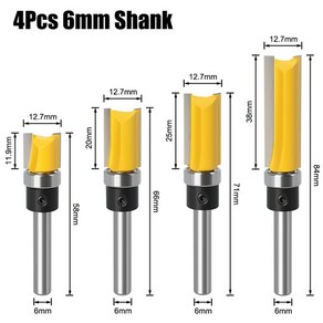 6mm6.35mm 생크 플러시 트림 라우터 비트 블레이드 템플릿 패턴 비트 베어링 12 목공용 스트레이트 엔드밀 직경 12.7mm, 5 . 4pcs 6mm 생크, 4개