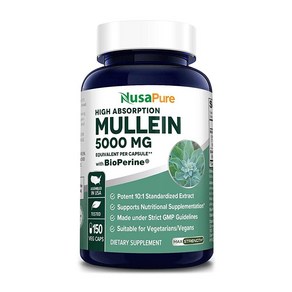 NusaPue Mullein 잎 캡슐 식물성 당 5000mg - 150개 Vebascum Thapsus (GMO 프리 글루텐 바이오페린), 1개, 150정