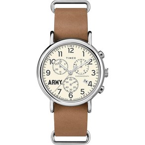 Timex Tibute 남성용 대학 위켄더 크로노 40mm 쿼츠 가죽 스트랩 미시간 주 스파르탄 모던.