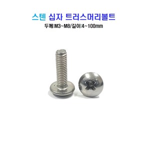 볼트창고 스텐 십자 트러스머리 볼트 너트 평와셔 스프링와셔 sus 304, M6, 10mm, 1개