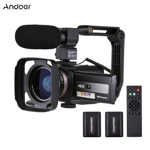 Andoe 4K 16X줌 4800만화소 WIFI 디지털 카메라 캠코더 + 0.39X 광각렌즈 + 셋톱마이크 + 카메라 핸들그립 + 배터리 2개, D10292