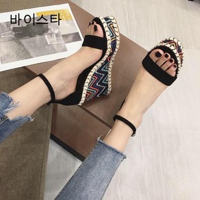 바이스타 여성 여름 힐 웨지 샌들 배색 가보시 두께 웨지 샌들 10cm