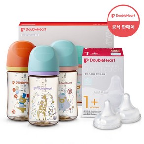 더블하트 모유실감 3세대 PPSU 디어프렌즈 트리플팩 240ml+젖꼭지(2입), 3세대 젖꼭지S, 1개, 트리플팩 (서커스베어&블루밍가든&하늘을날꼬양)