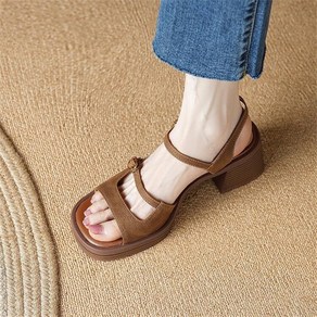besteffie 통굽 여성용 여름 샌들 스트랩 디자인 가죽 두꺼운 힐 패션코디추천 복고풍 출근룩 여자 슈즈 K31