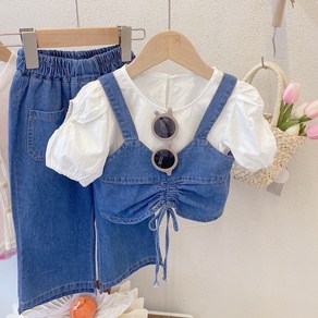 델루비오 여아 반팔 셔츠 와이드 청바지 청뷔스티에 3종 세트