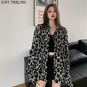 JUST FEEL!NG 여름 여성 블라우스 레오파드 긴팔 더블 칼라 고급 질좋은 티셔츠 캐주얼