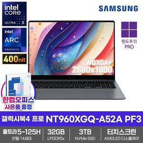 삼성 노트북 갤럭시북4 프로 NT960XGQ-A52A PF3 SSD3TB/32GB램/울트라5-125H/AMOLED/터치스크린/120Hz, WIN11 Po, 32GB, 3TB, 문스톤 그레이