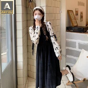 ANYOU [2022] 겨울원피스빅 사이즈 코듀로이 원피스녀 프렌치 헵번 칼리지 스타일 분위기 긴팔 블랙 스커트
