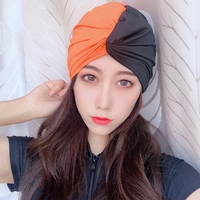 FREELIFE 여성 높은 탄성 수영 모자 편안한 여분의 큰 주름 다이빙 모자 긴 머리 모자 나일론 터번을위한 수영복 장비, 블랙 오렌지, 1개