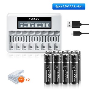 PALO 3400mWh 1.5V AA 리튬 이온 충전지 배터리 셀 2A + 충전기, 1)4PCS AA