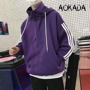 AOKADA 후드티 커플 가을 루즈핏 패션 야구 점퍼 스트라이프 순색 4colo 지퍼 후드 티셔츠