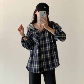 슬로우베리 데일리 체크 박시 긴팔 후드 셔츠 남방